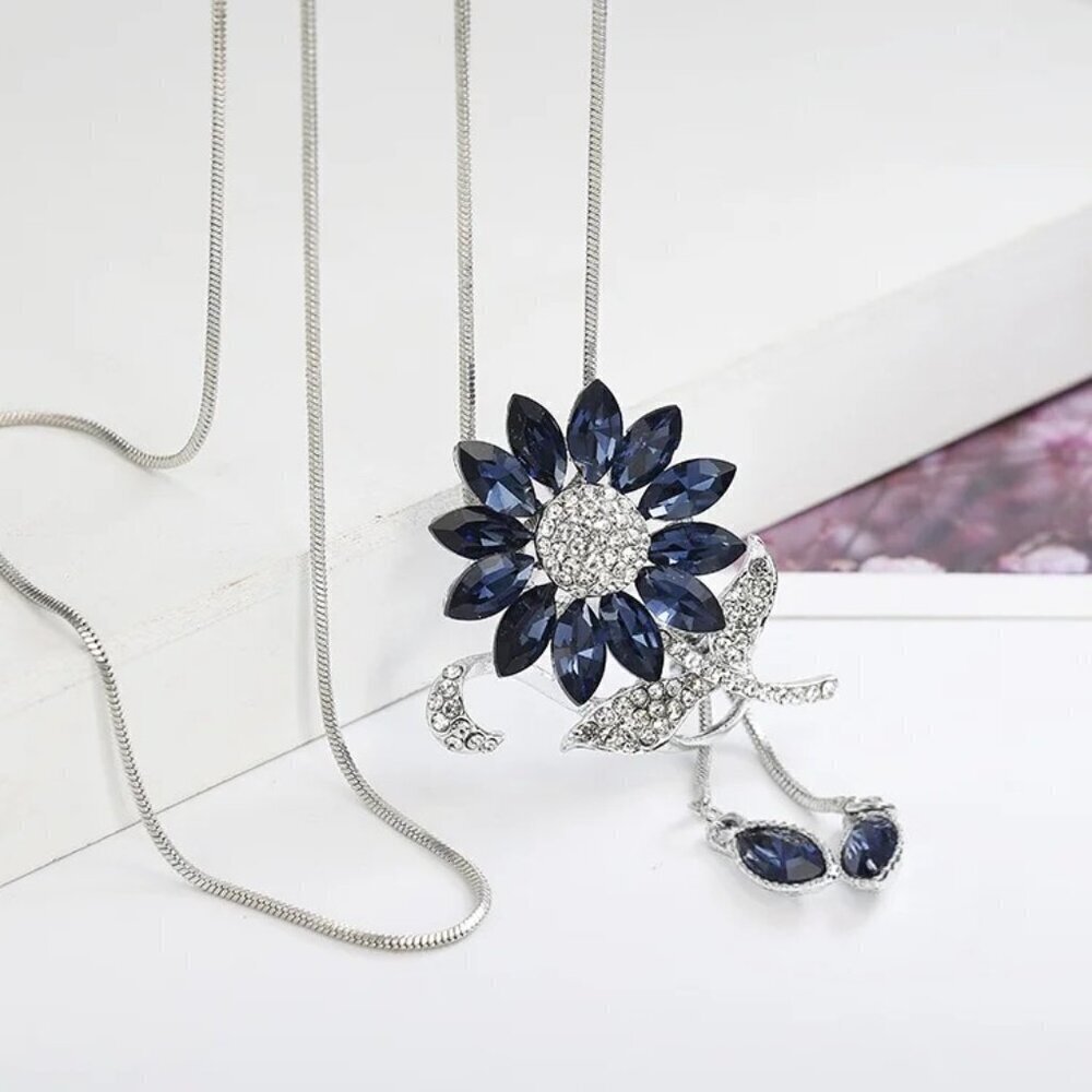 Bling Queen CZ Simulated Sapphire Sunflower Sliding Pendant Necklace